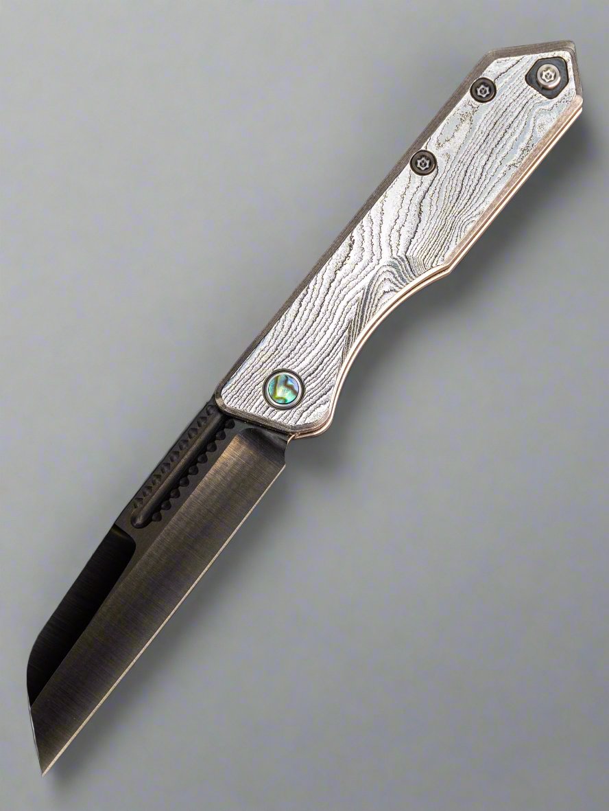 HERETIC CUSTOM JINN - SLIP JOINT WOOD GRAIN DAMASCUS HANDLE ABALONE ACCENTS 3" DLC MAGNACUT