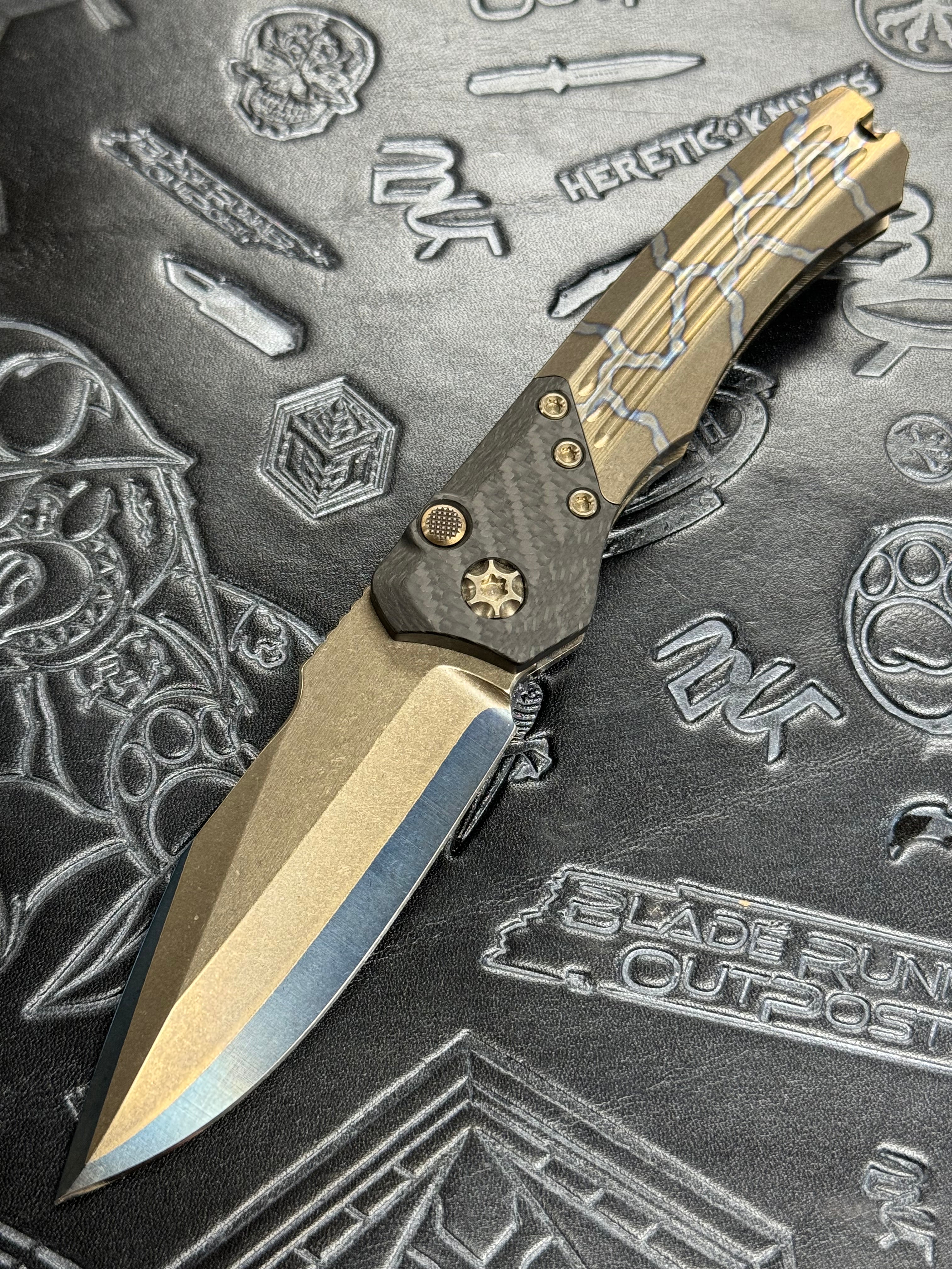 Pre Owned Heretic Knives Wraith Automatic Knife Custom Flamed Ti/San Mai SN:03