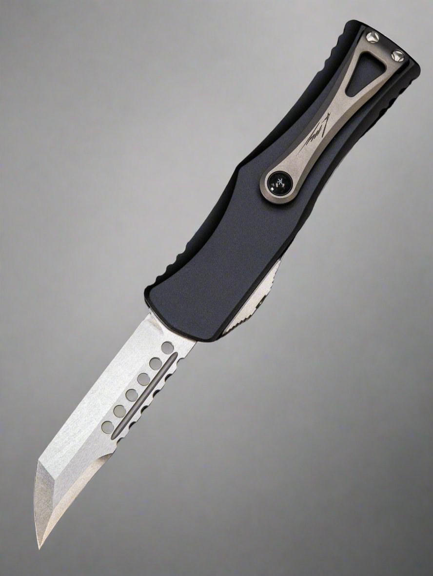 MICROTECH HERA OTF KNIFE- HELLHOUND EDGE- BLACK HANDLE- STONEWASH STANDARD 919-10 S