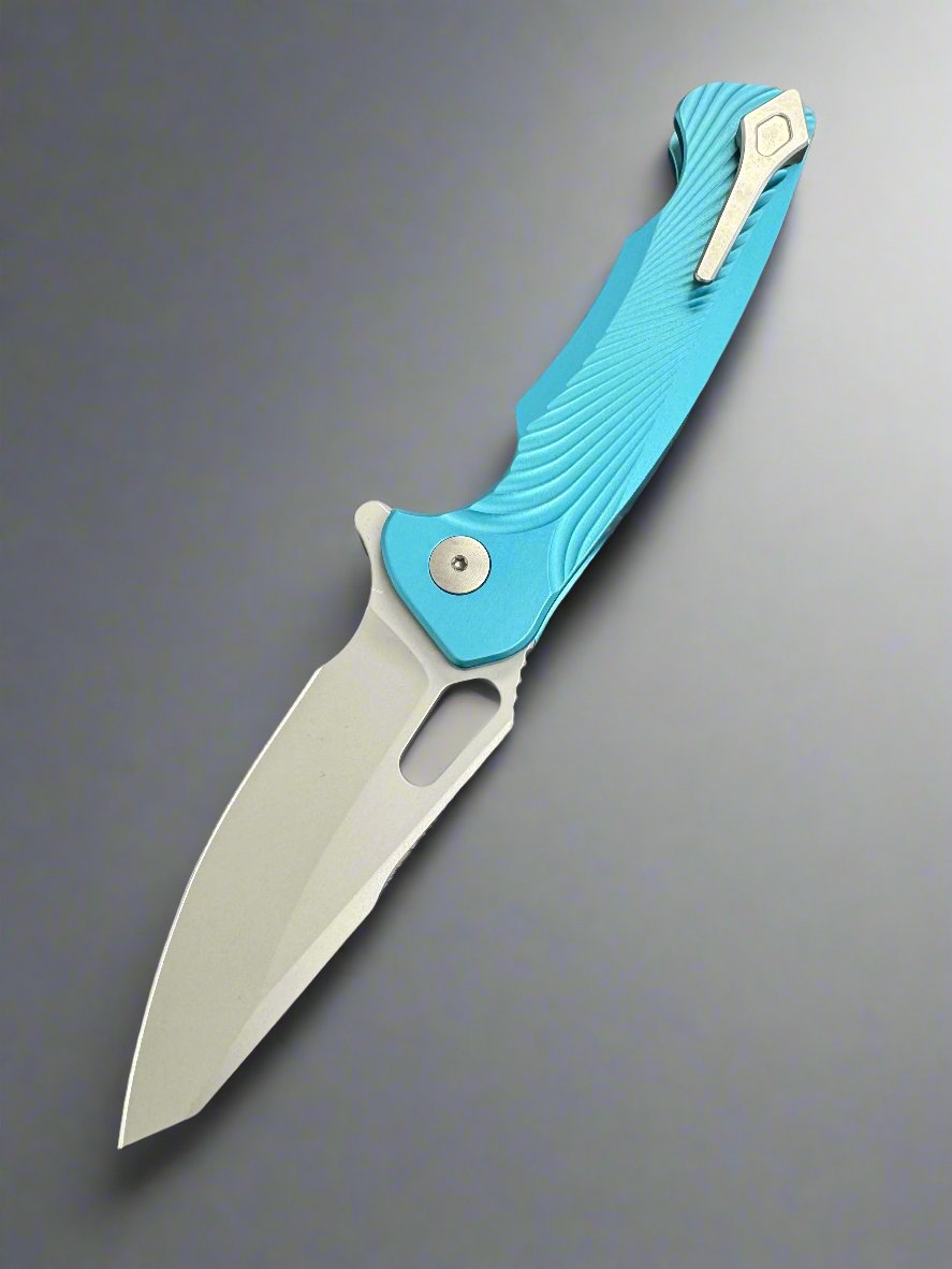 Dead Reckon Knives Ridgeback - Aluminum Turquoise, Modified Blade Shape, Series 1, Magnacut, Button Lock, Glass Bead Matte