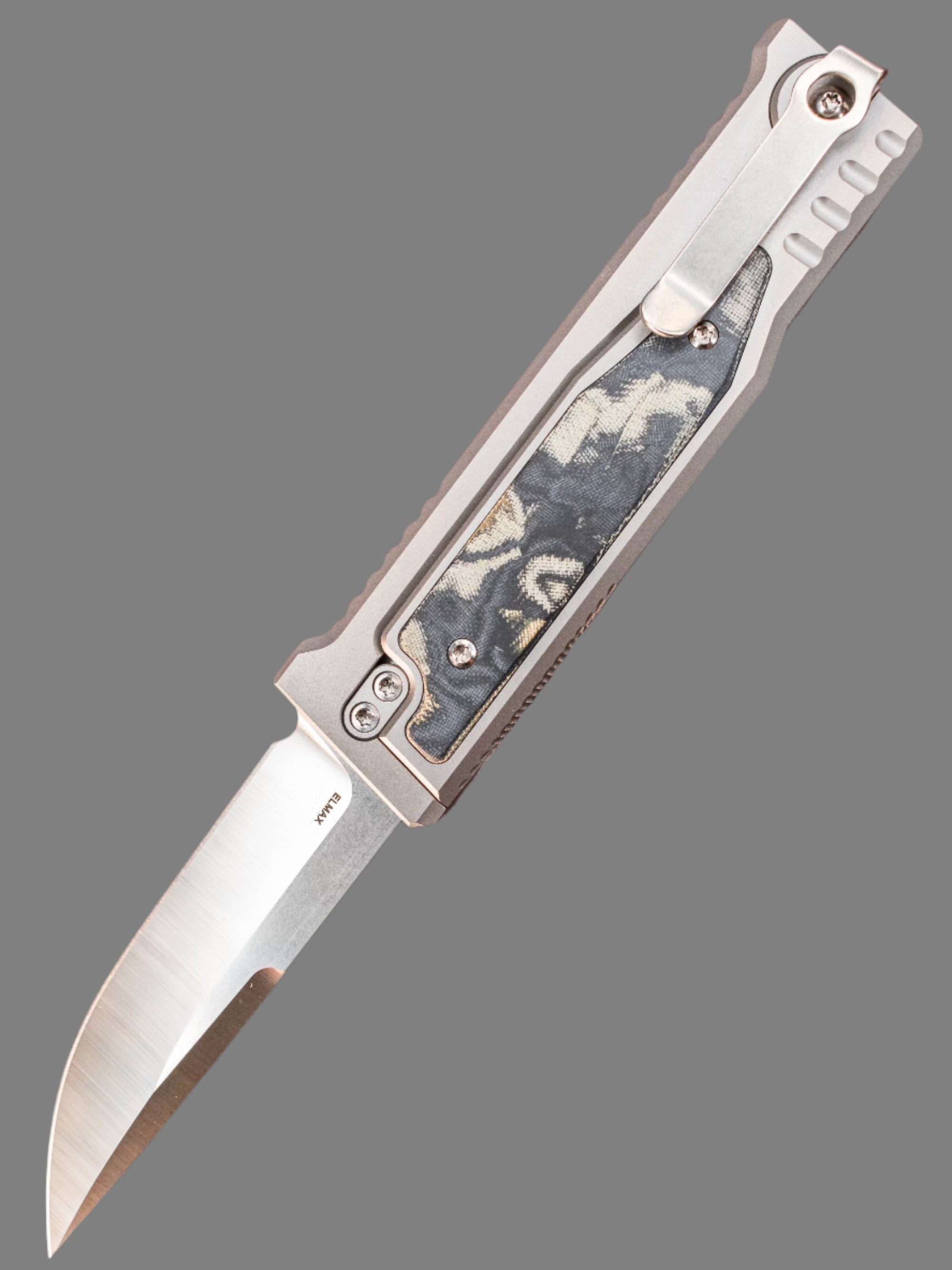 Reate Knives EXO-M Exoskeleton Design Manual OTF Knife Drop Point Satin Blade w/ Titanium and Green/Black Burl Linen Micarta Handles