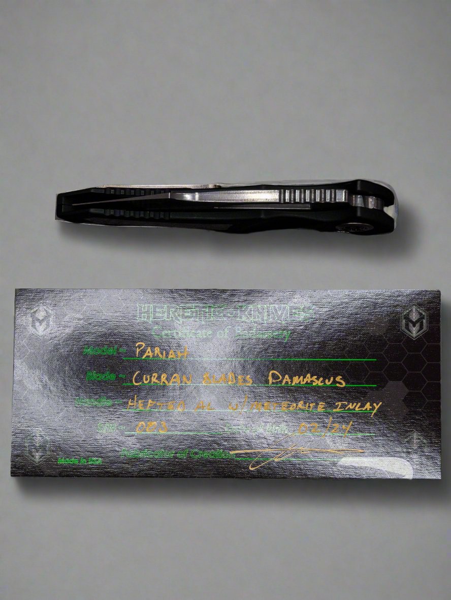Heretic Pariah Curran Blades San Mai Damascus Hefted Aluminum Handle w Aletai Meteorite Inlays & Abalone Button Inlay