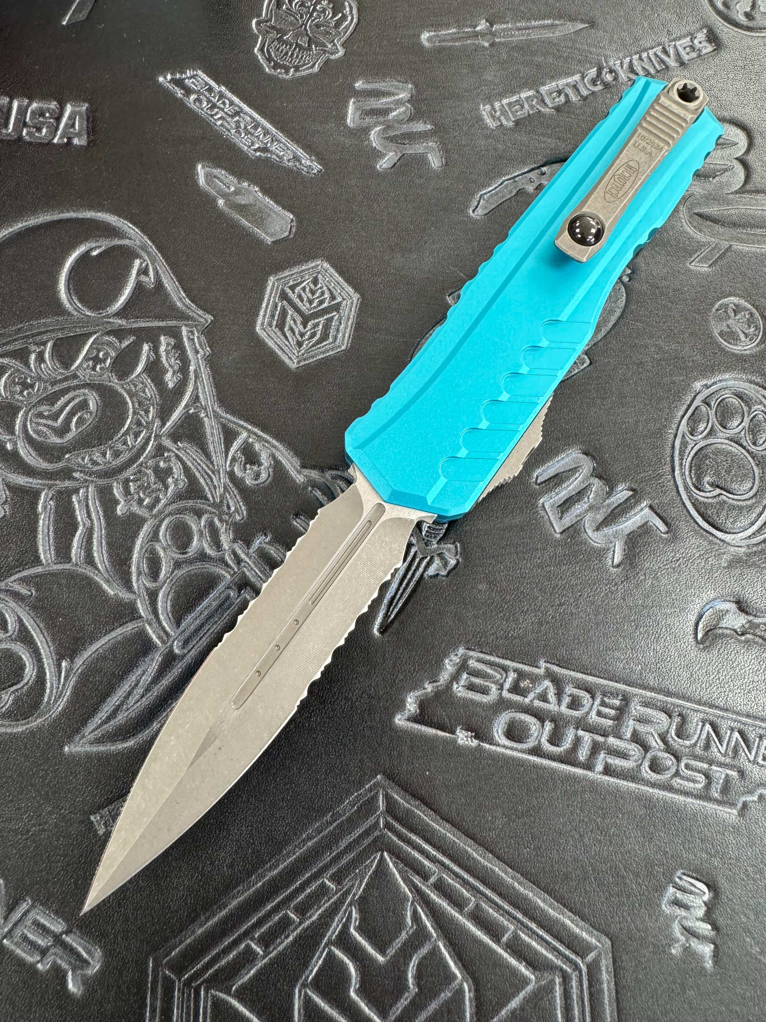 Microtech Cypher II D/E Apocalyptic Partial Serrated w/ Turquoise Handle 1242-11 APTQ