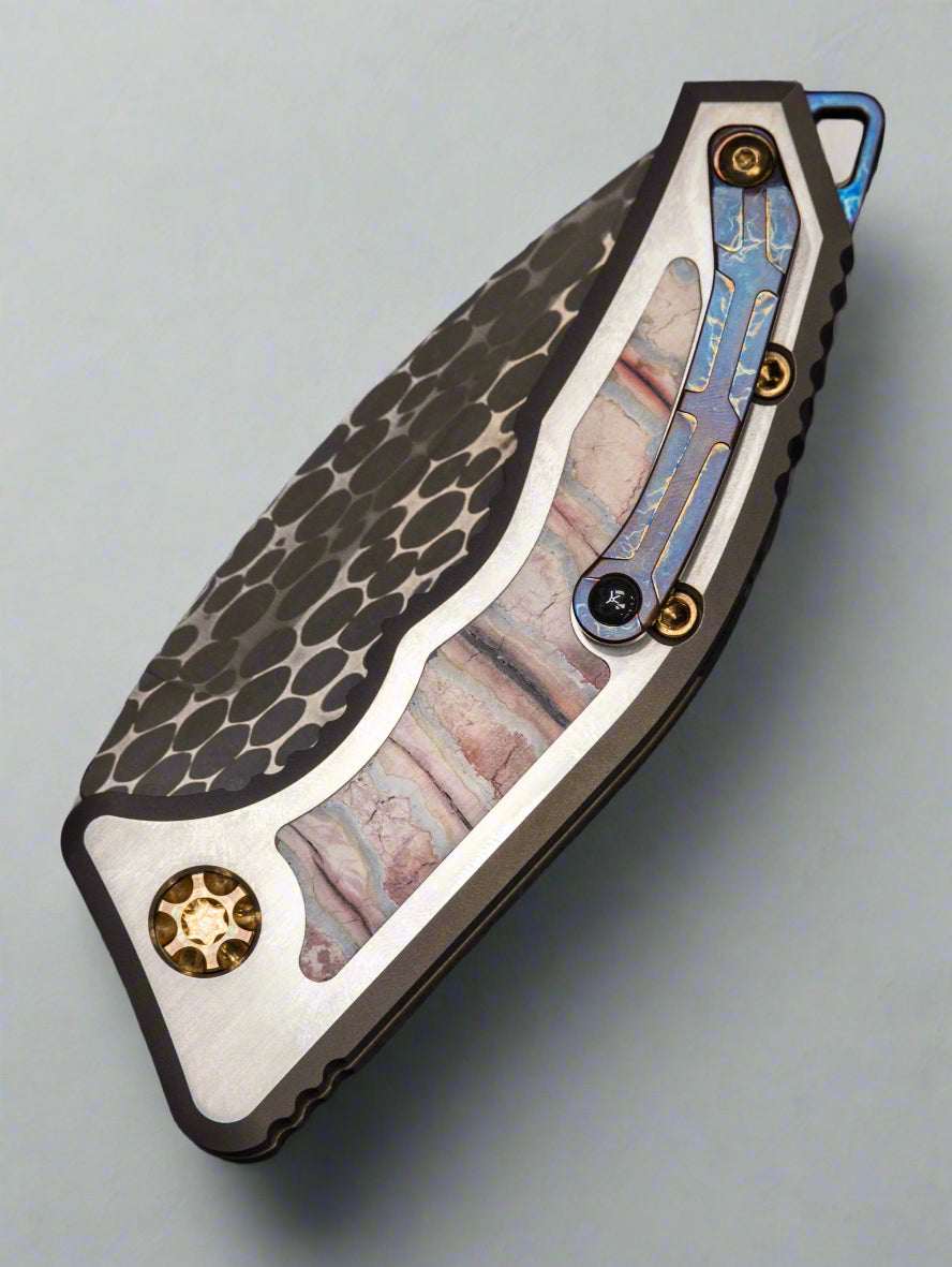 Pre Owned Heretic Knives Medusa Auto Mammoth Inlay VF Damascus Entropic Ti Clip