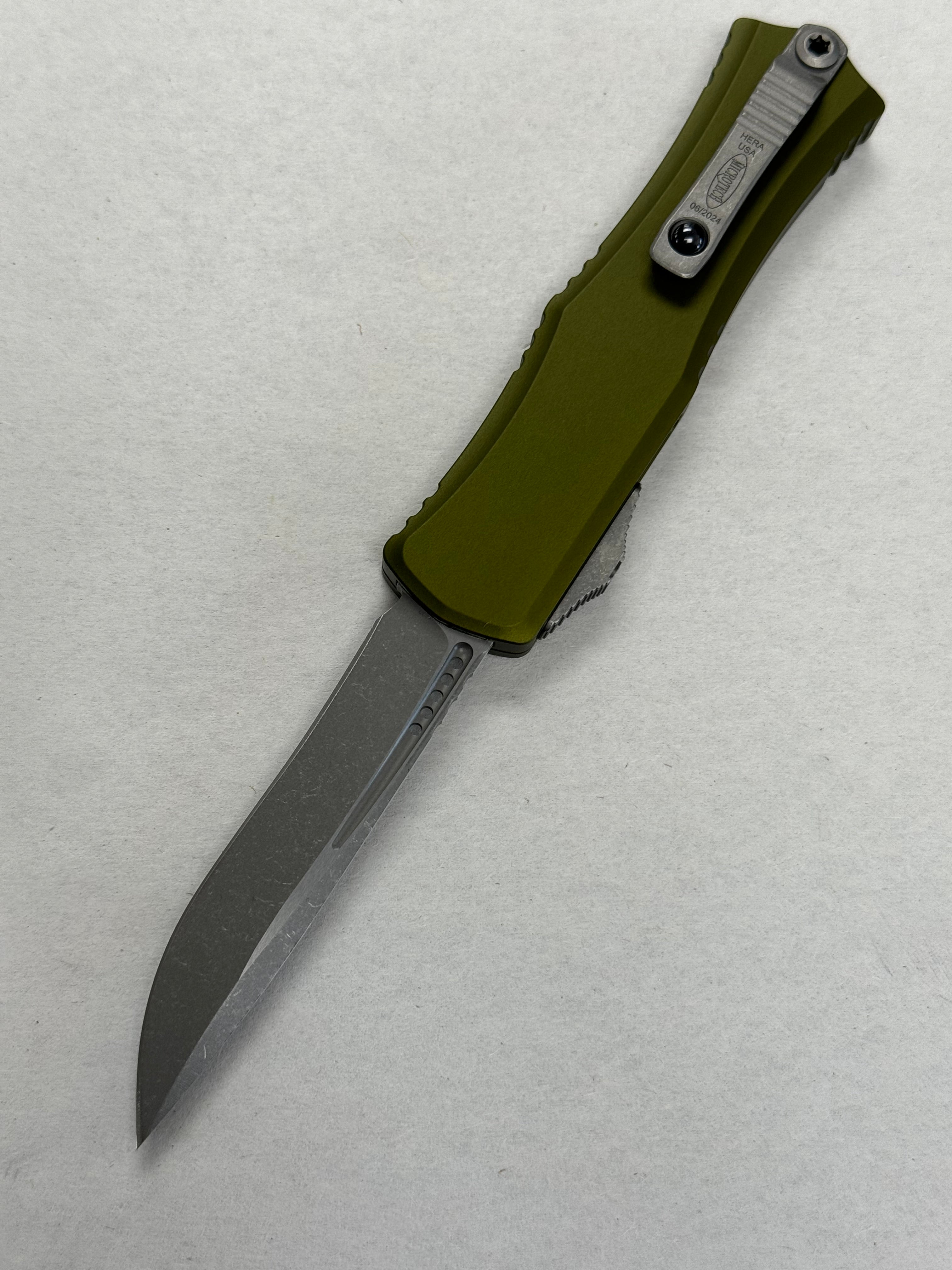 Microtech Knives Mini Hera Apocalyptic Recurve M390MK w/ OD Green Handle 1705M-10 APOD