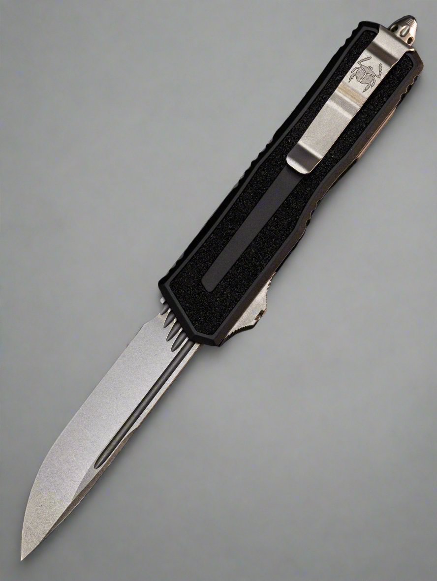 MICROTECH SCARAB 2 2023- SINGLE EDGE- BLACK HANDLE- Stonewash BLADE - Scarab II -1278-10