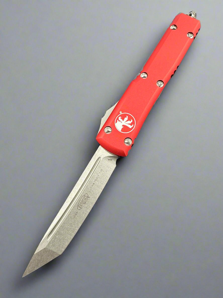 MICROTECH ULTRATECH OTF KNIFE- TANTO EDGE- RED HANDLE- STONEWASH BLADE 123-10 RD