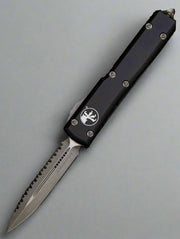MICROTECH ULTRATECH OTF KNIFE- DOUBLE EDGE- BLACK HANDLE- APOCALYPTIC FULL SERRATED BLADE 122-12 AP