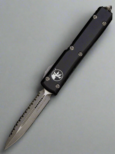 MICROTECH ULTRATECH OTF KNIFE- DOUBLE EDGE- BLACK HANDLE- APOCALYPTIC FULL SERRATED BLADE 122-12 AP