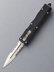 Microtech 225-5 Dirac AUTO OTF Knife 2.92" Satin Double Combo Edge Dagger Blade, Black Aluminum Handles
