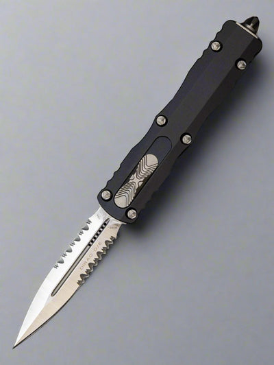 Microtech 225-5 Dirac AUTO OTF Knife 2.92" Satin Double Combo Edge Dagger Blade, Black Aluminum Handles