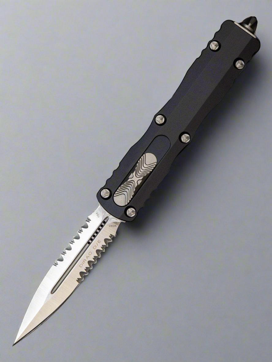 Microtech 225-5 Dirac AUTO OTF Knife 2.92" Satin Double Combo Edge Dagger Blade, Black Aluminum Handles