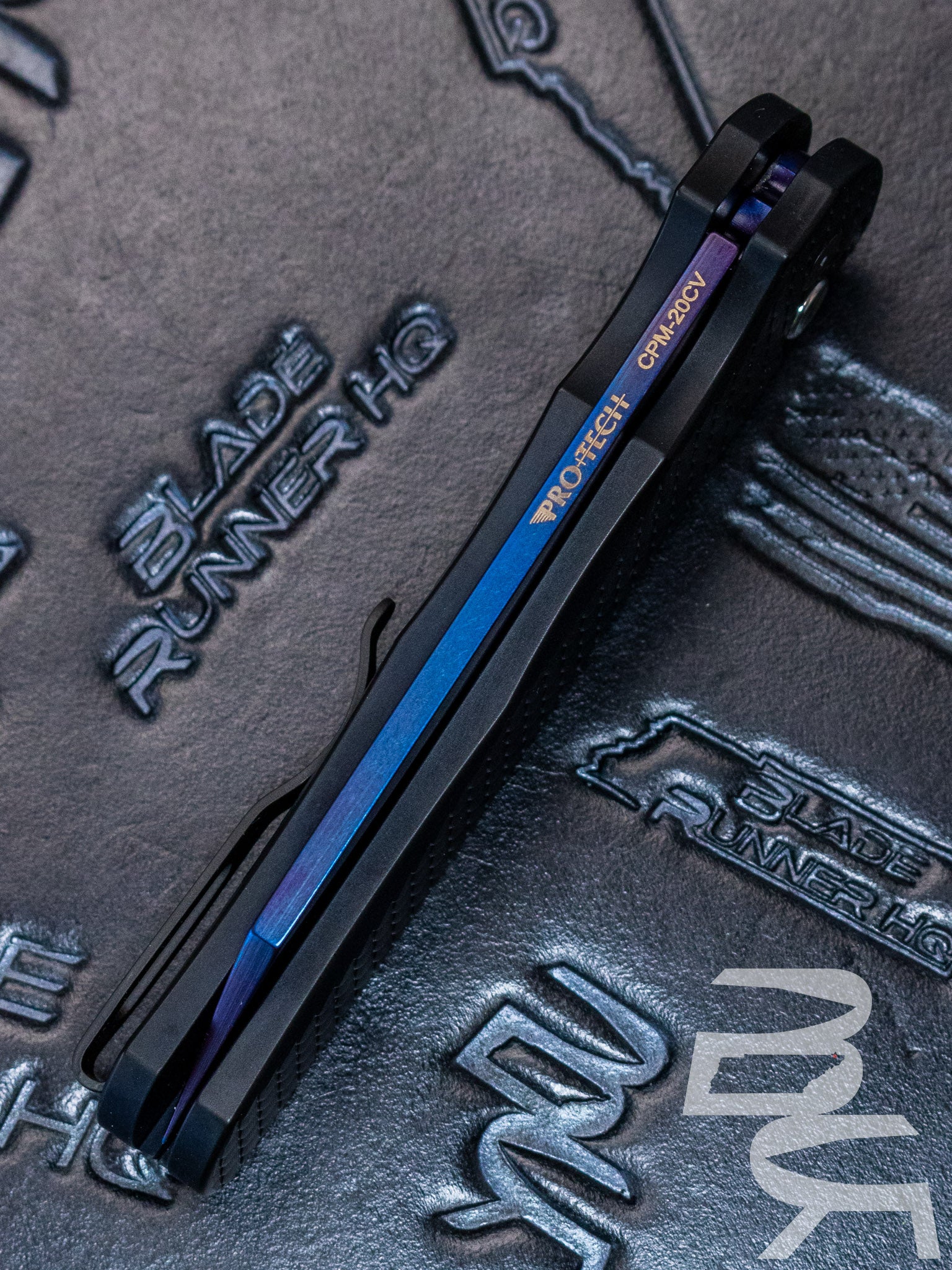 PROTECH MALIBU FLIPPER- REVERSE TANTO- BLACK DRAGON SCALE PATTERNED HANDLE- SAPPHIRE BLUE BLADE 5236-SB