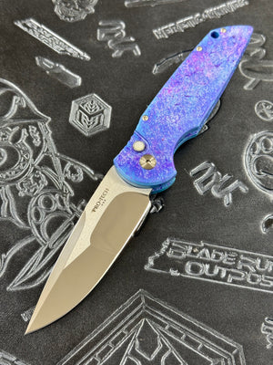 Pro-Tech Knives TR-3 Tactical Response 3 Auto Knife - Solid Jazz Custom Anodized Handle, Mike Irie Compound Ground Blade 3.5" Pearl Button 20324TR-3Custom001