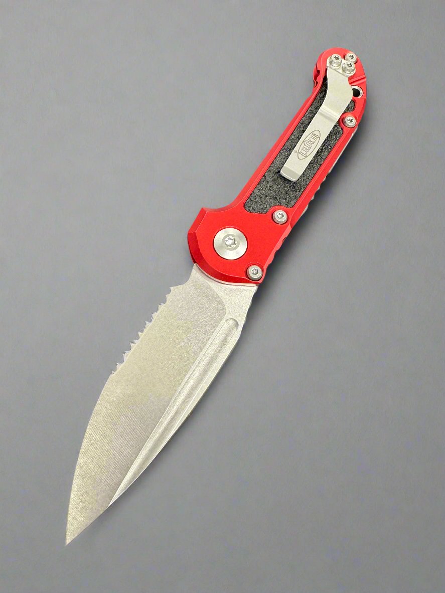 Microtech Knives LUDT Gen III Stonewash Partial Serrated Drop Point w/ Red Handle 1135-11 RD