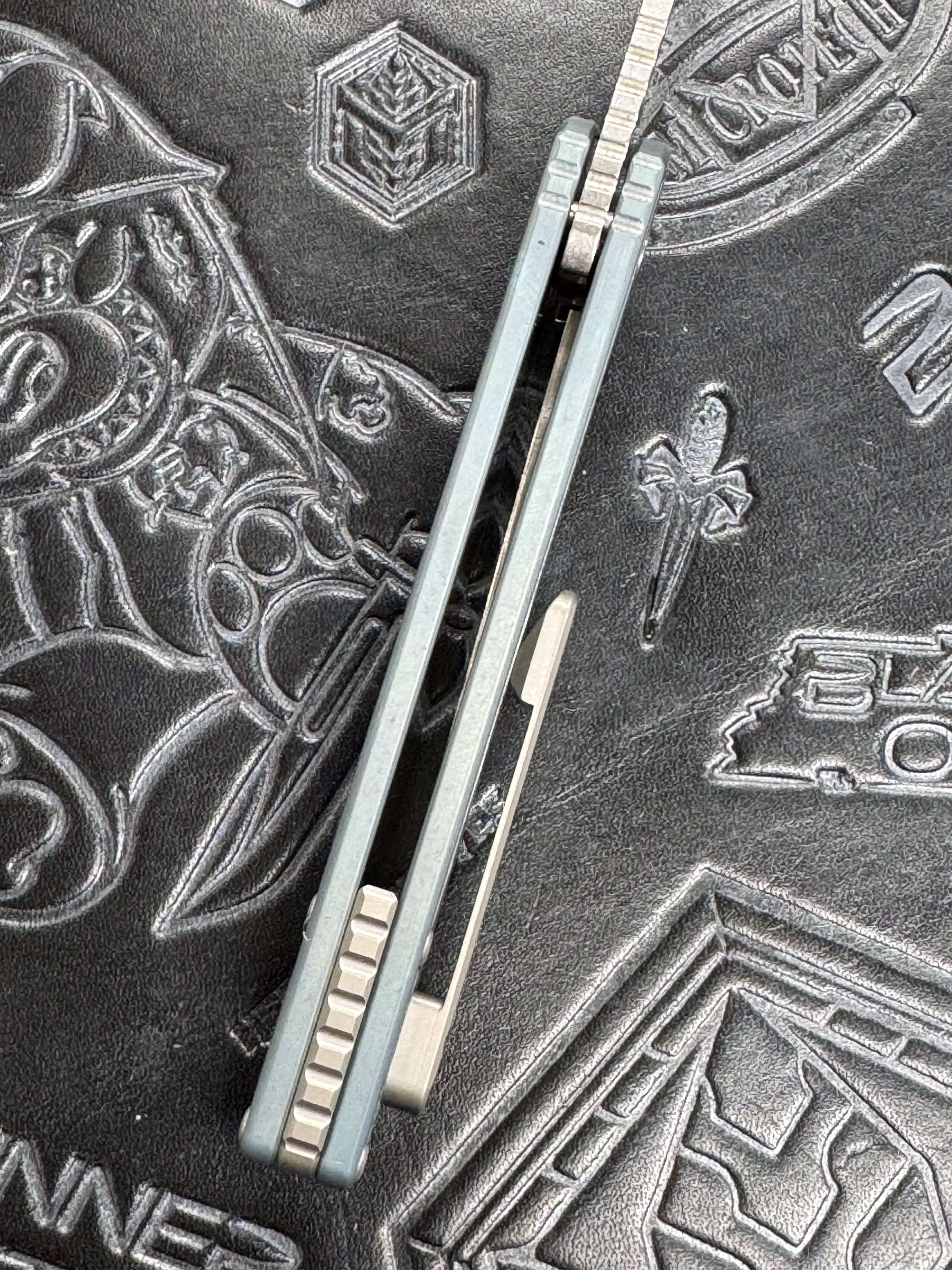 American Blade Works MODEL 2 TITANIUM Factory Light Blue Ano Wharncliffe Magnacut