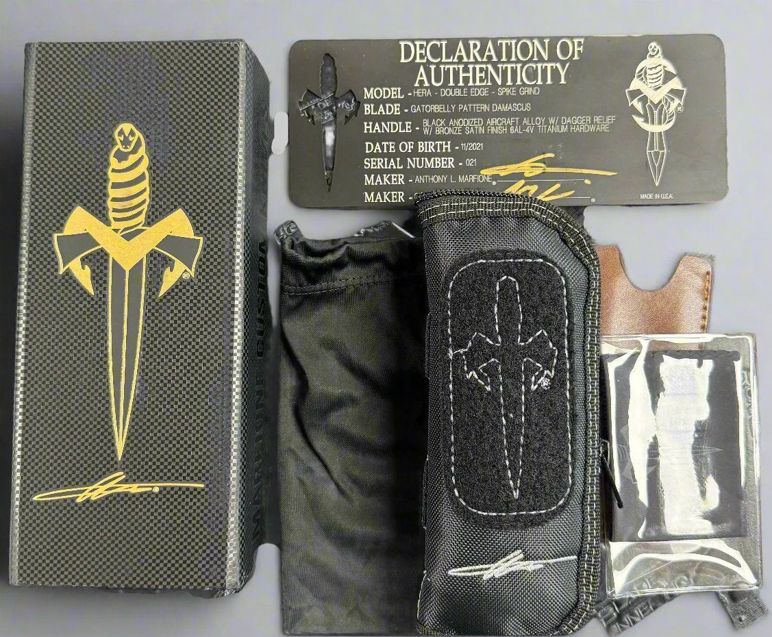 Pre Owned MARFIONE CUSTOM HERA DOUBLE EDGE SPIKE GRIND - GATORBELLY PATTERN DAMASCUS- BLACK LOGO ETCHED CHASSIS WITH BRONZE SATIN FINISHED HW