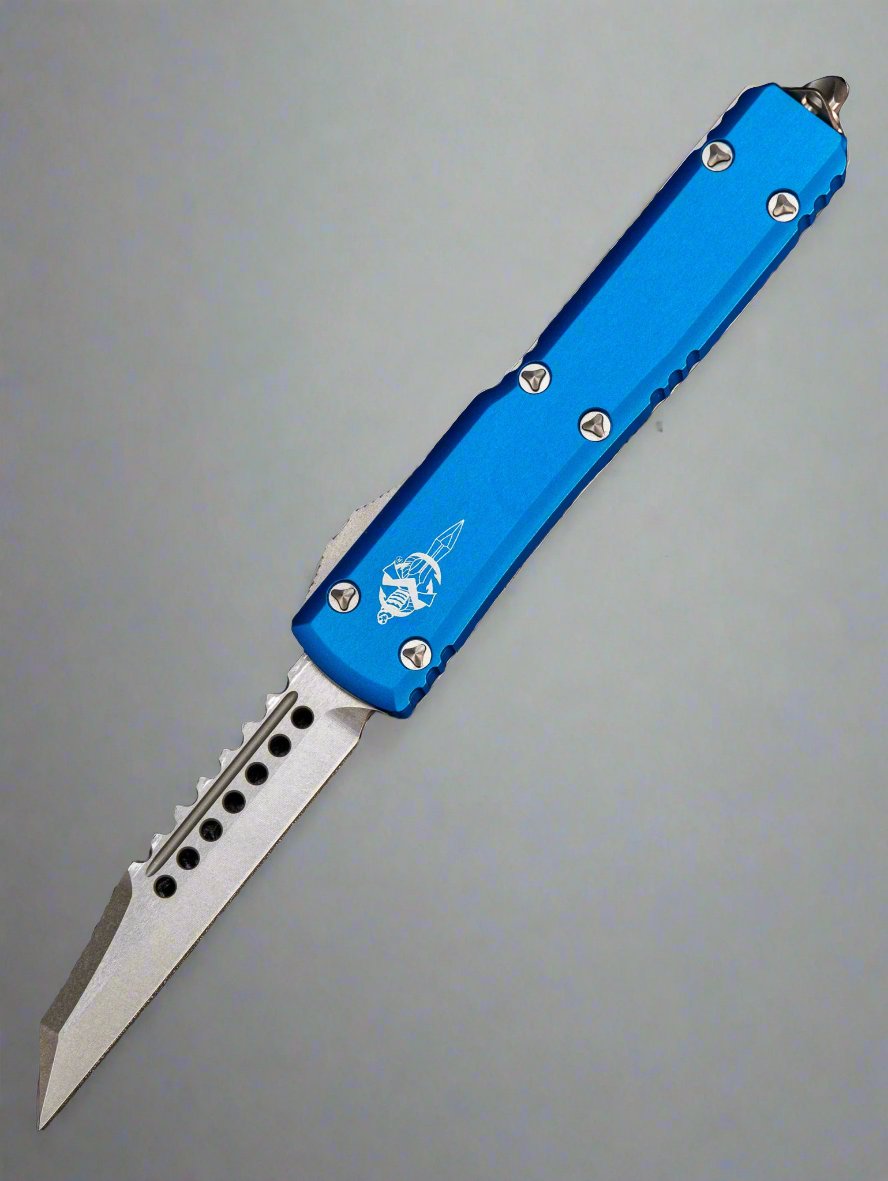 Microtech 119W-10BLS Signature Series Ultratech Warhound AUTO OTF 3.46" Stonewashed Wharncliffe Blade, Blue Aluminum Handles