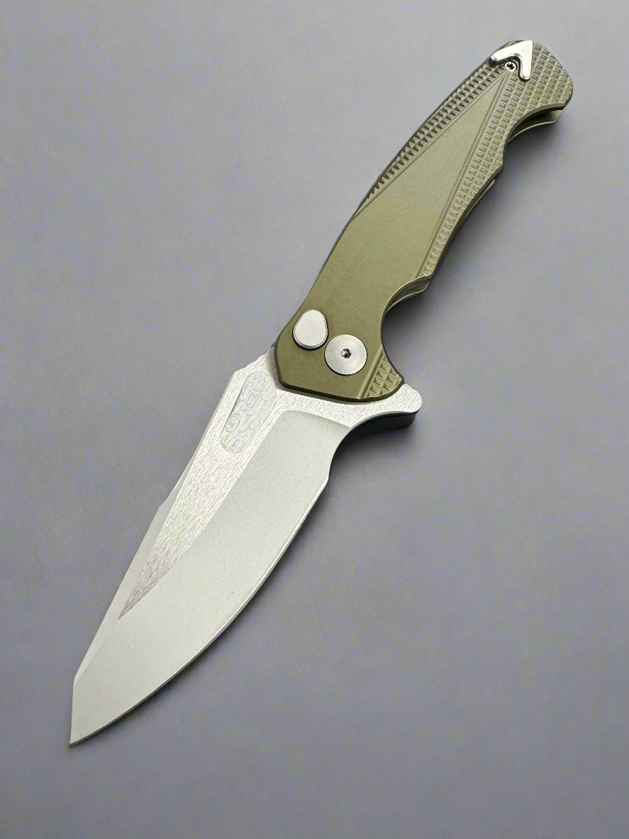 Dead Reckon Knives Ridgeback - Aluminum OD Green, Modified Blade Shape, Series 2, Body 1, Magnacut, Button Lock, Glass Bead Finish