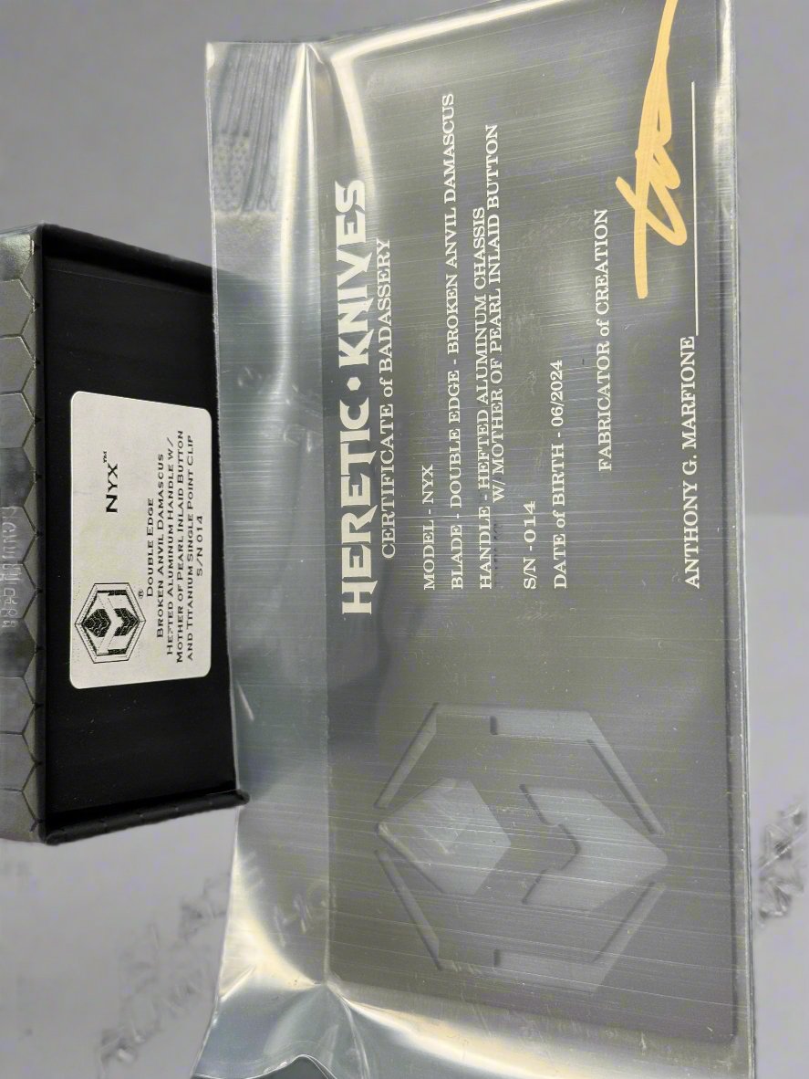 HERETIC KNIVES CUSTOM NYX HEFTED ALUMINUM OTF AUTOMATIC KNIFE 3.7" DAGGER BROKEN ANVIL DAMASCUS