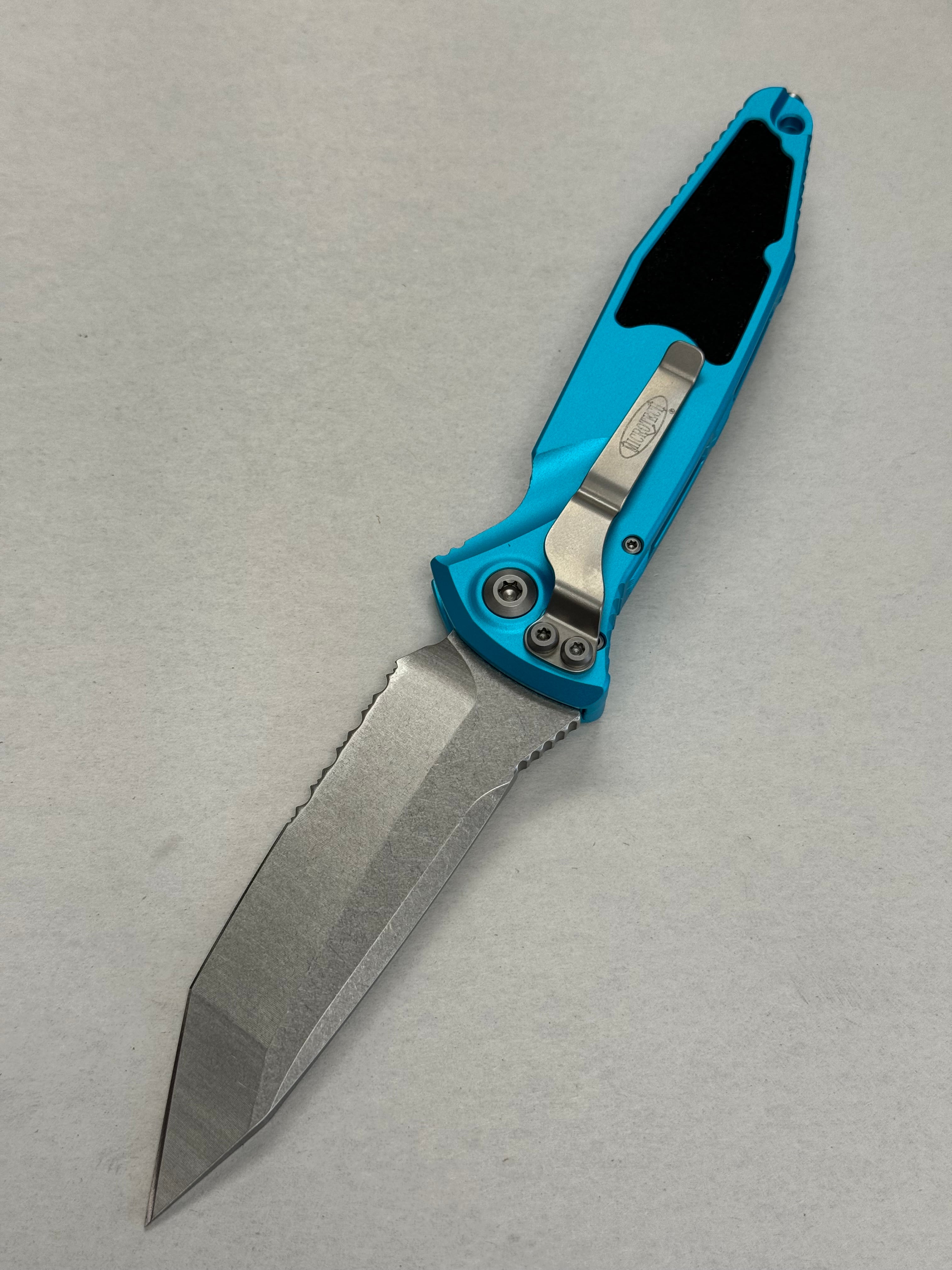 Microtech Socom Elite Auto Turquoise Handles w/ Stonewash Tanto Edge Partial Serrated 161A-11 TQ