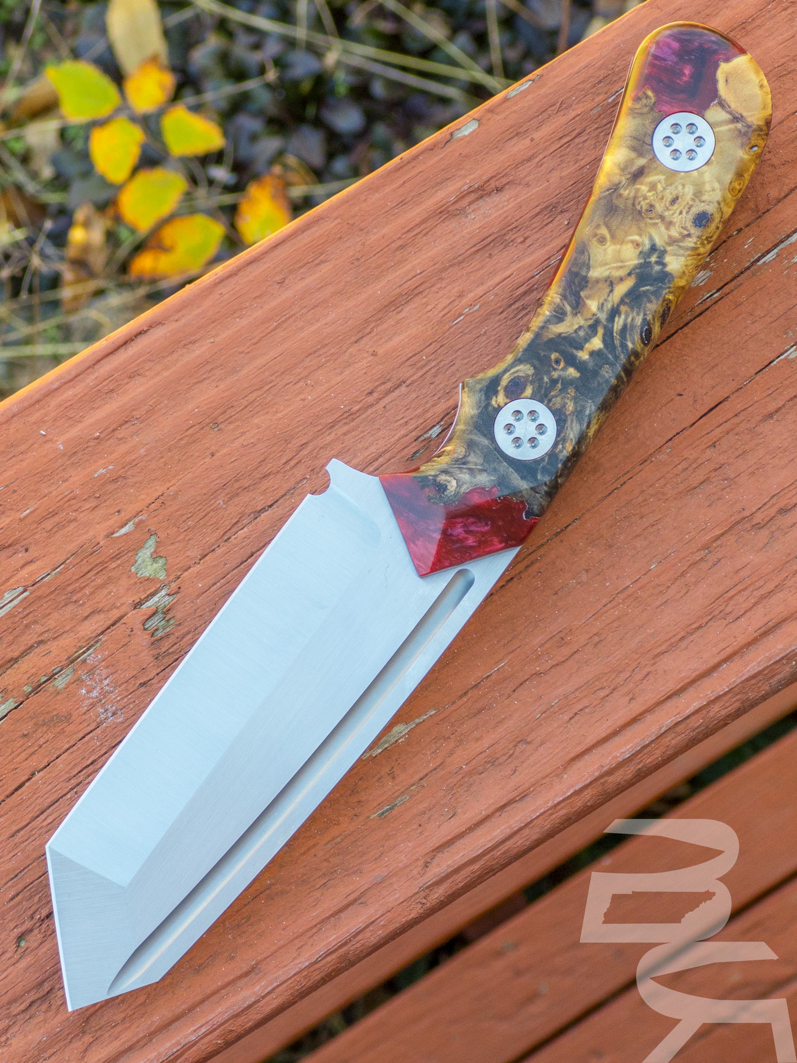 Beans Blades Fixed Warrior M390 Red Buckeye Burl Wood Resin Handle 1 Off SN:013