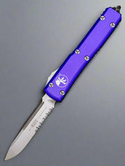MICROTECH ULTRATECH OTF KNIFE- PURPLE HANDLE- STONEWASH PART SERRATED BLADE 121-11 PU