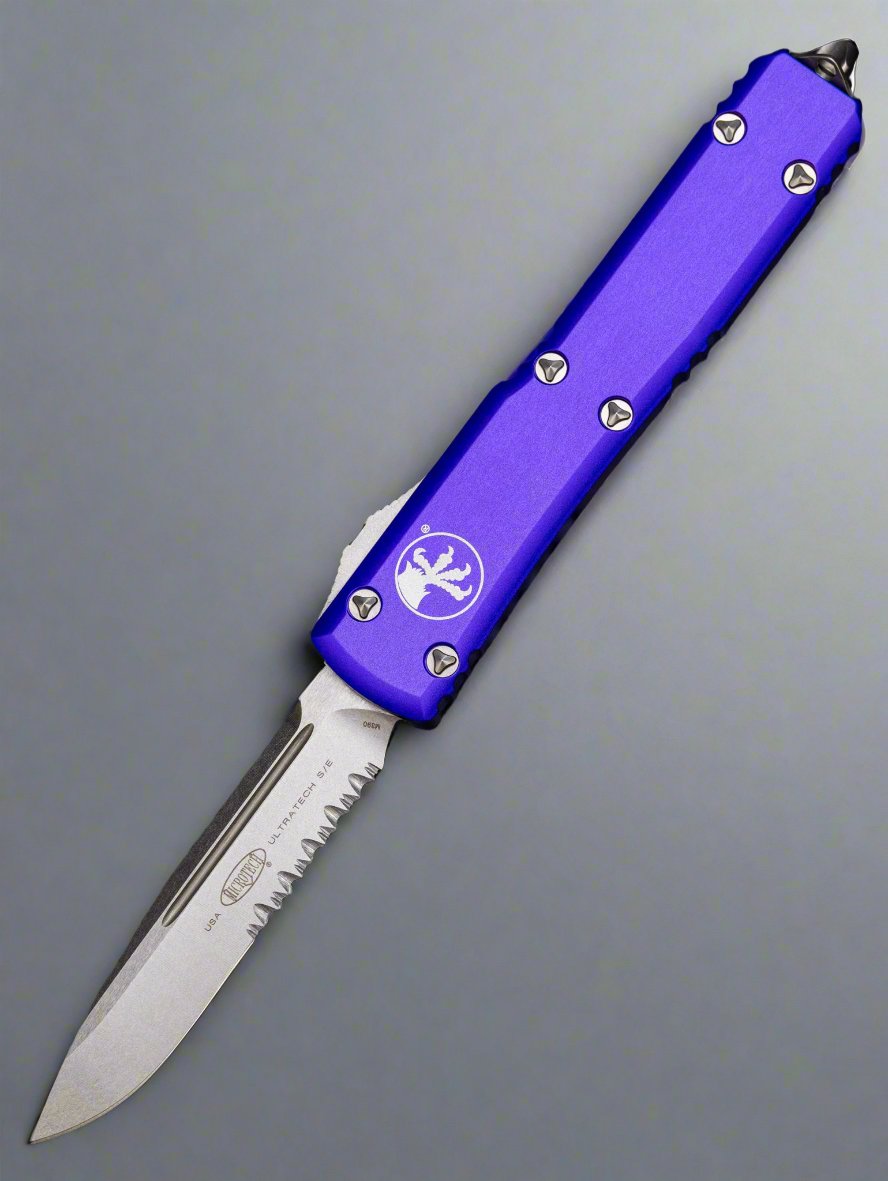 MICROTECH ULTRATECH OTF KNIFE- PURPLE HANDLE- STONEWASH PART SERRATED BLADE 121-11 PU