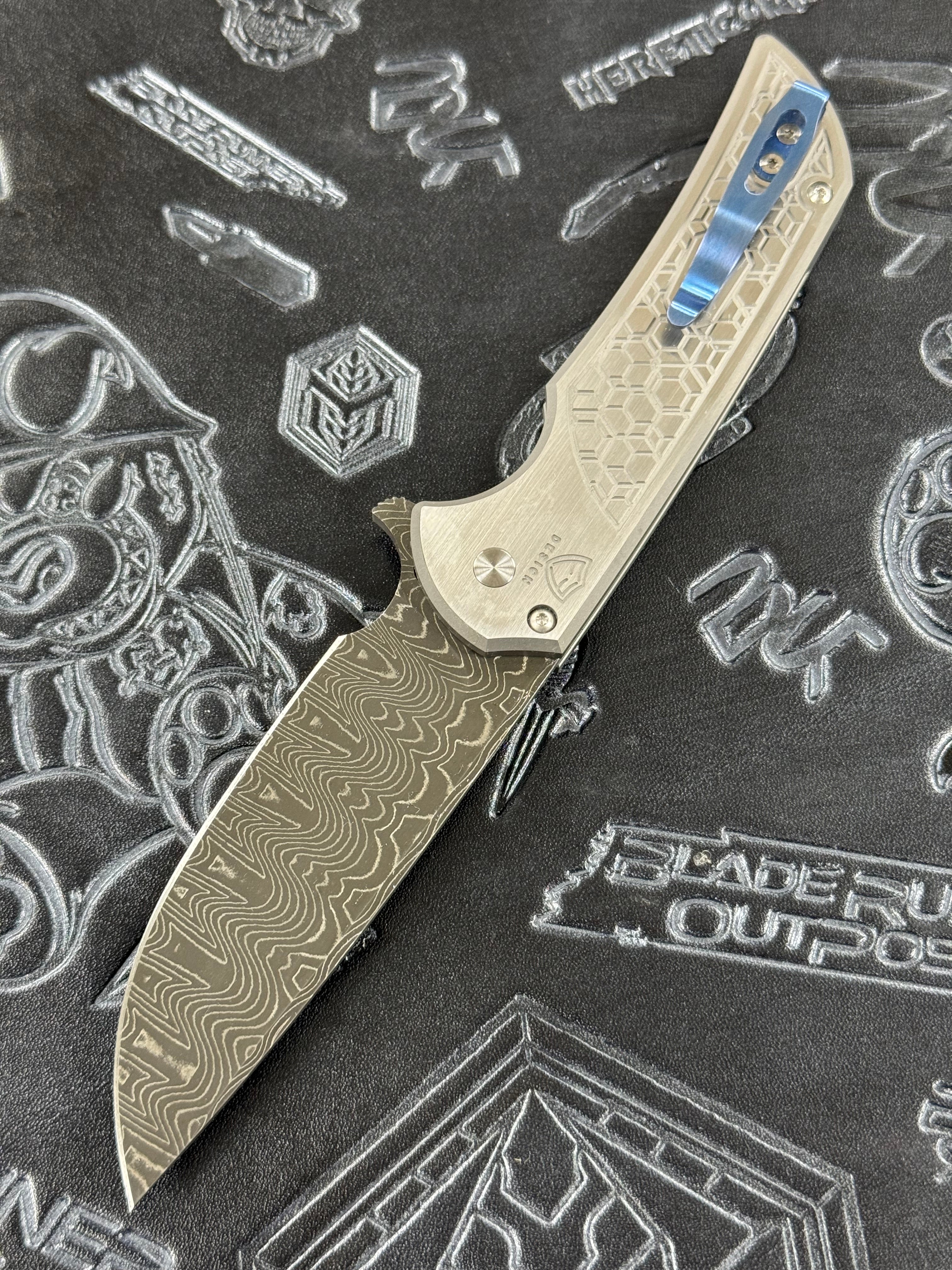 Pro-Tech Knives Blade Show West 2024 Mordax Custom Hardened 17-4 Stainless Steel Handle, 2-tone Gridlock Satin Pattern, Black Lip Pearl Button, 3.5" Vegas Forge Damascus Blade, Blue Titanium Clip 2024MordaxCustom003