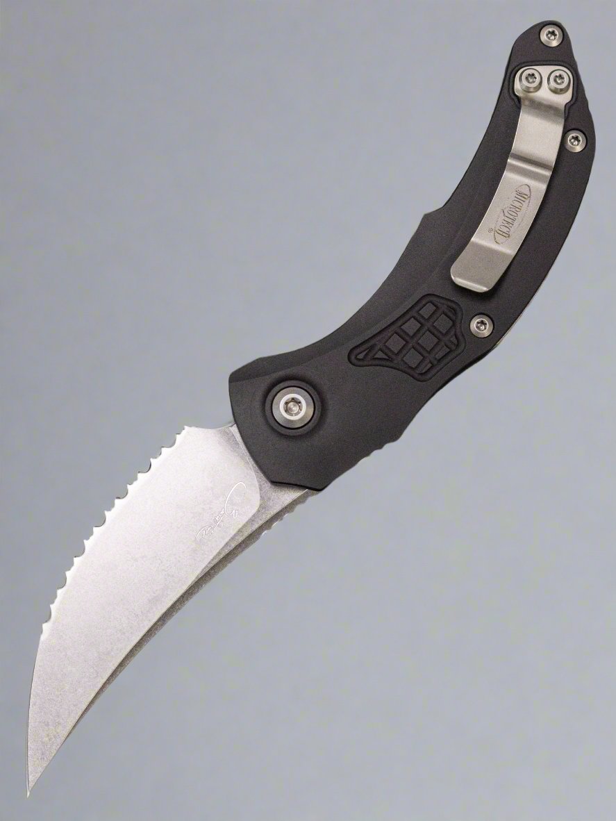 Microtech Brachial Automatic Knife Black Aluminum (3.25" Serrated Stonewash)