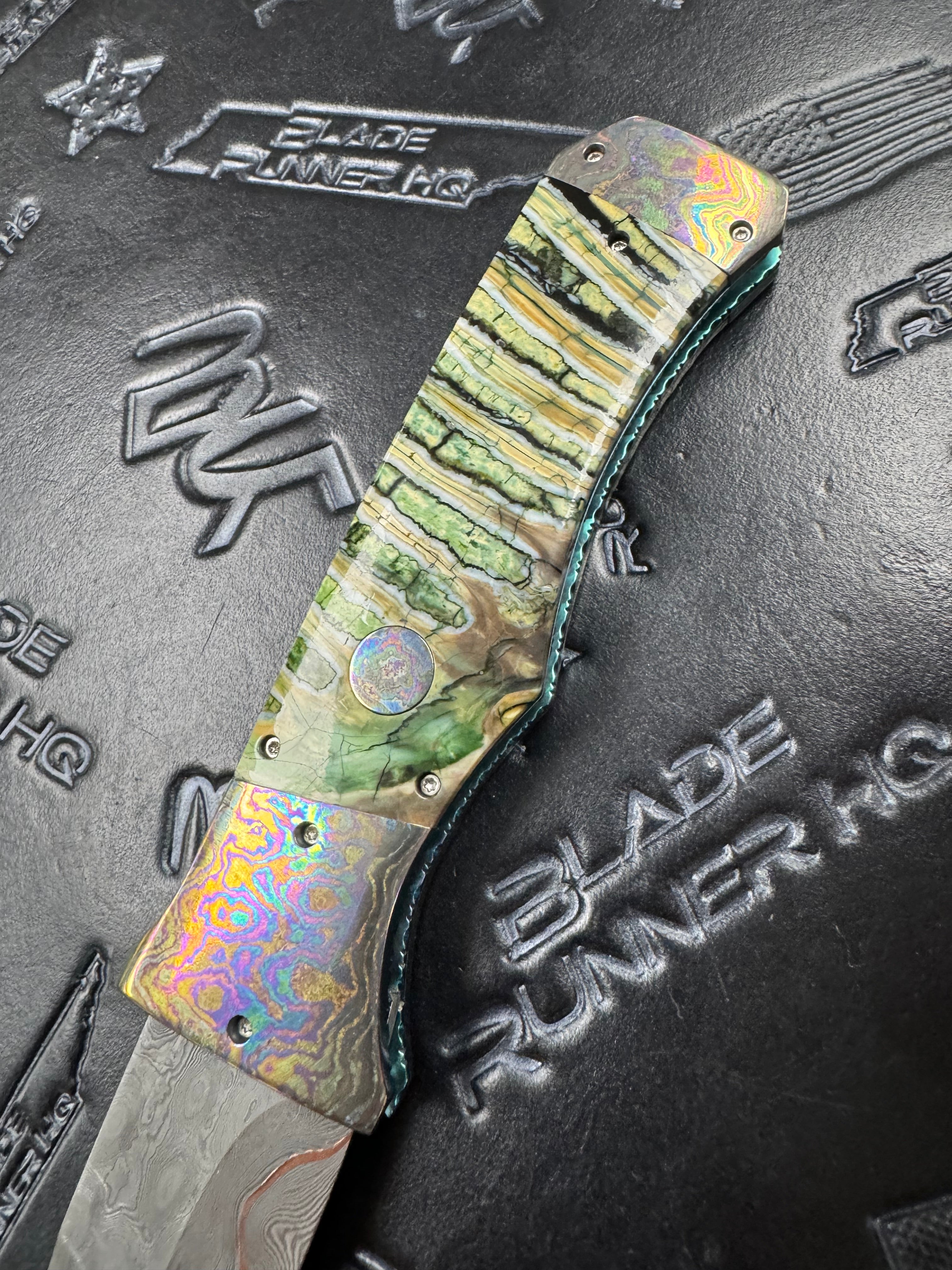 Valloton, Rainy - SV AK-25 2x Damascus / Copper Core Moku-Ti Bolsters Green & Black Molar Handles Custom Double Action D/A Folder