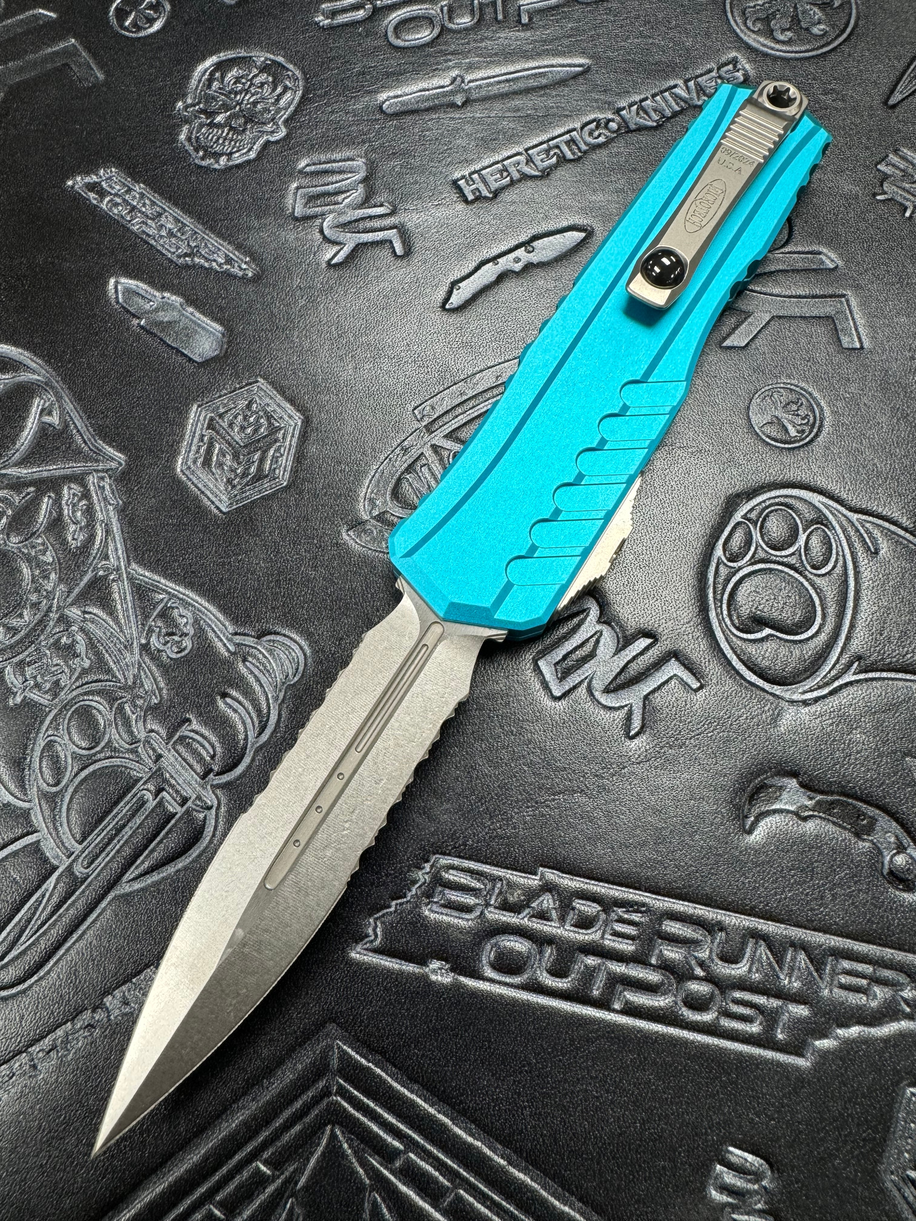 Microtech Cypher II D/E Stonewash Partial Serrated w/ Turquoise Handle 1242-11 TQ