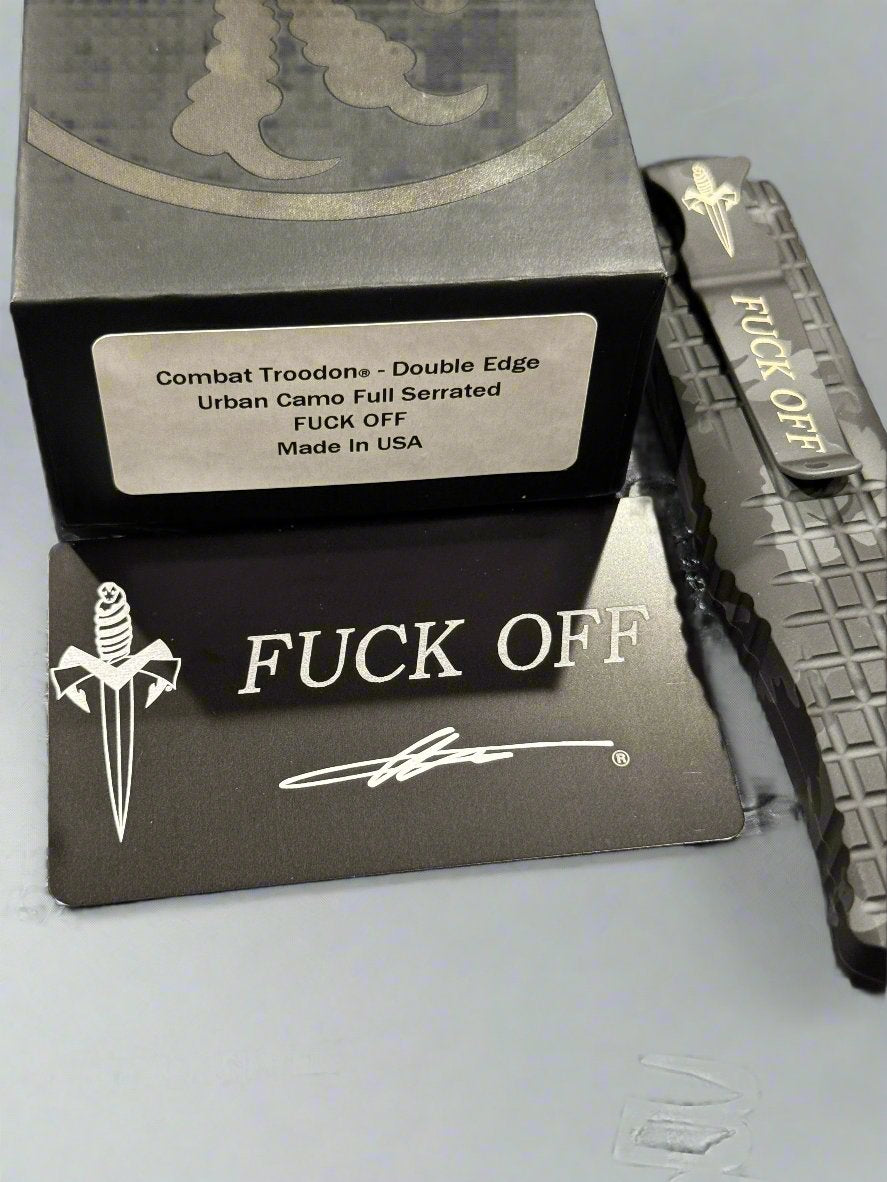 Microtech Combat Troodon Delta Frag Urban Camo Full Serrated 1/1 “F Off” Marfione Personal Collection