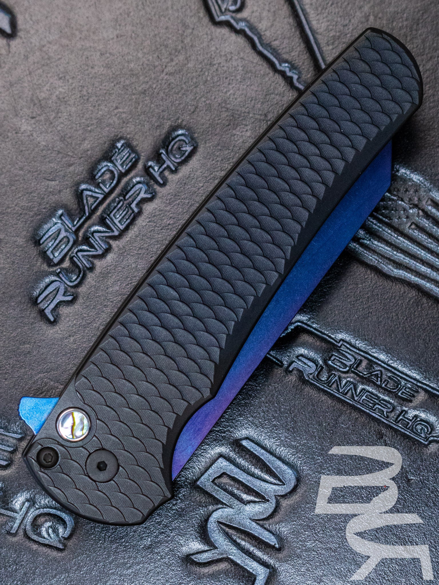 PROTECH MALIBU FLIPPER- REVERSE TANTO- BLACK DRAGON SCALE PATTERNED HANDLE- SAPPHIRE BLUE BLADE 5236-SB