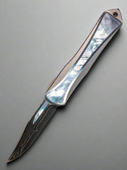 Heretic Manticore S Bowie Baker Forge Double Shim Stainless Steel Chassis Mother of Pearl Inlays Blue Ano Clip