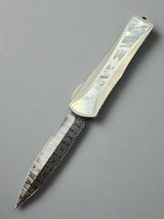 Pre Owned Heretic Knives Manticore X Hand Ground Vegas Forge Blued Damascus D/E & Hefted Stainless Steel Handle w/ Mother of Pearl Inlays