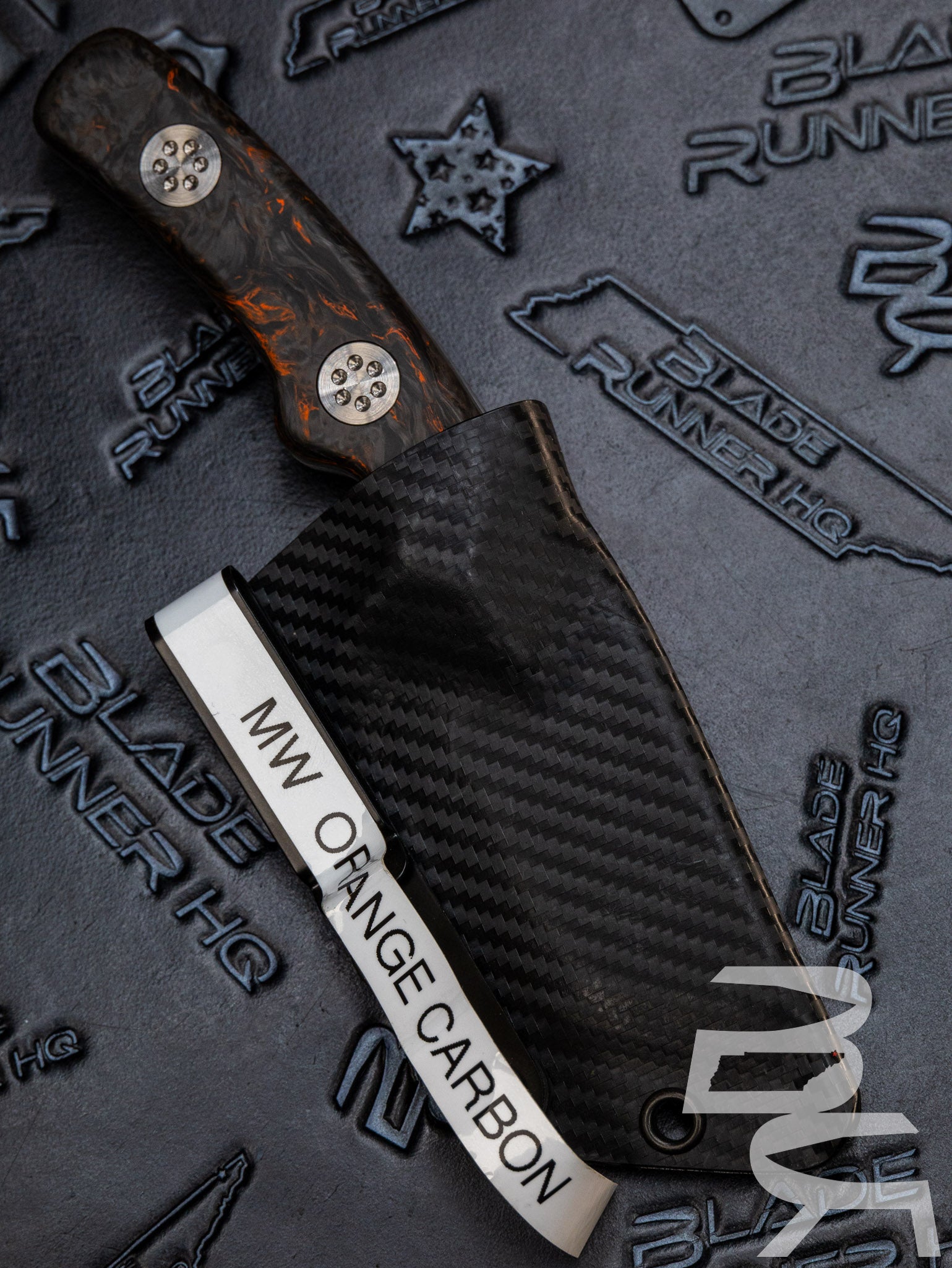 Beans Blades Fixed Mini Warrior Tanto M390 Orange/ Black Dark Matter Camo Carbon