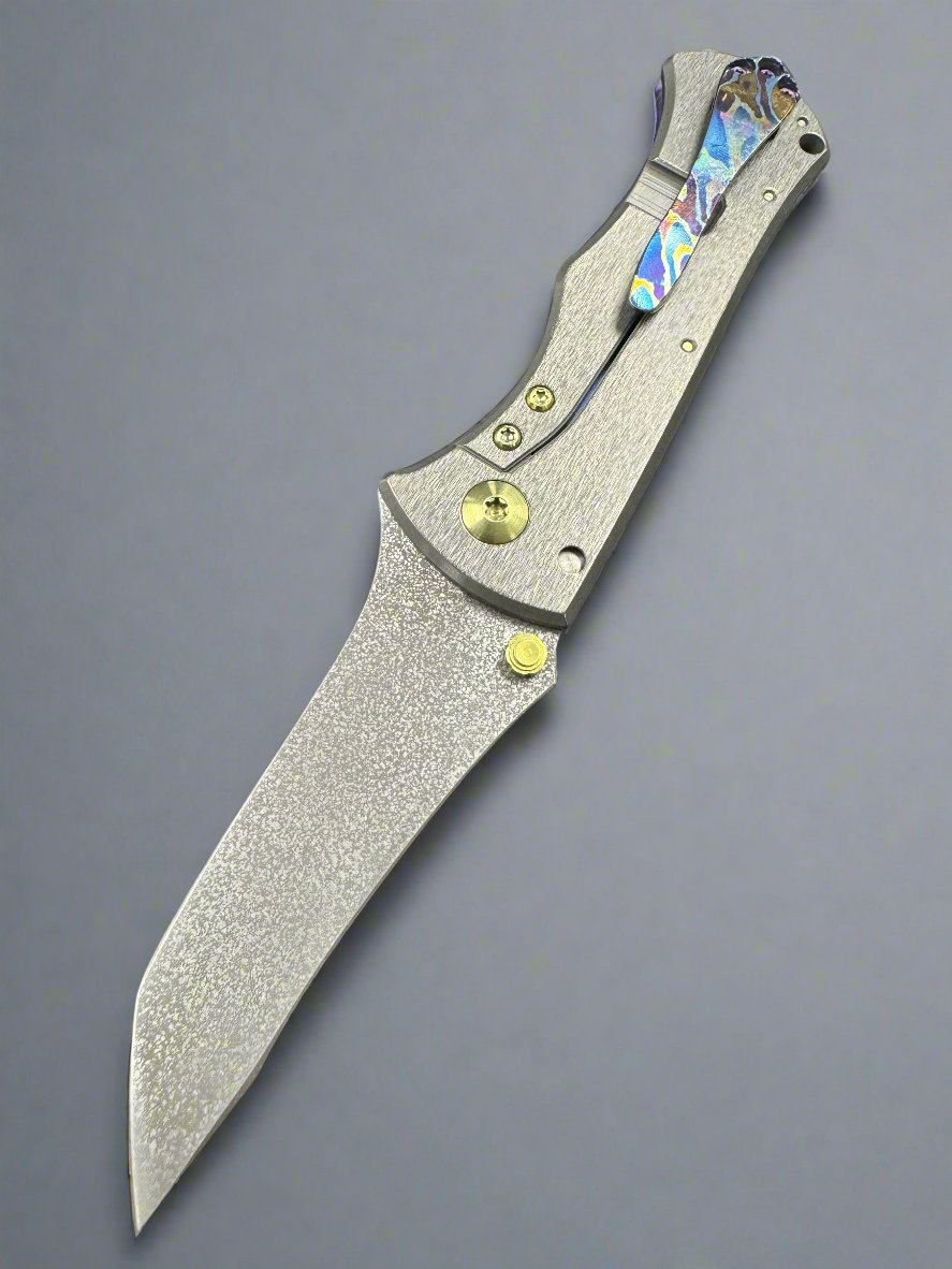 Pre Owned John Gray Rostrum, Black Rain Tanto Blade, Circuit Pattern Milled Titanium Purple Ano Mokuti Accents