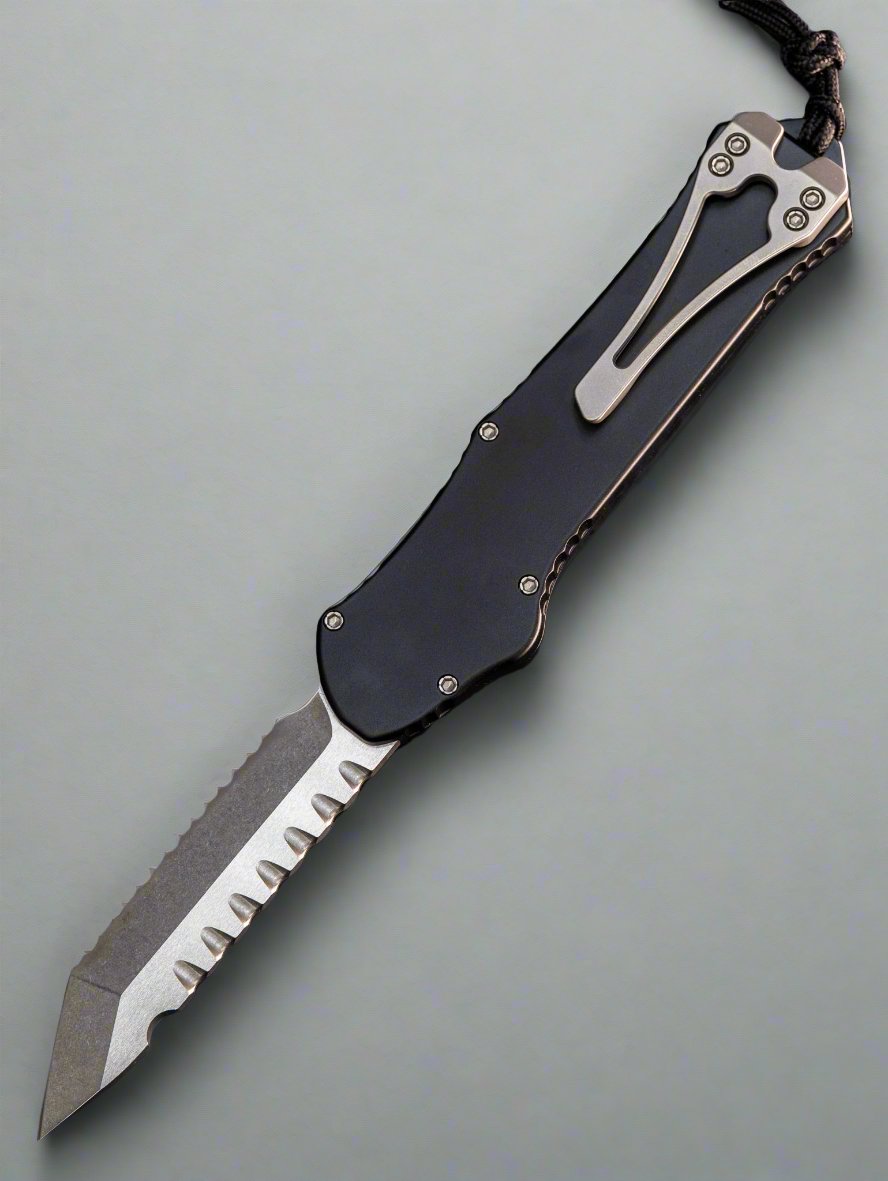 HERETIC KNIVES HYDRA OTF AUTOMATIC KNIFE 3.6" TANTO Full Serrated STONEWASH H006-2C