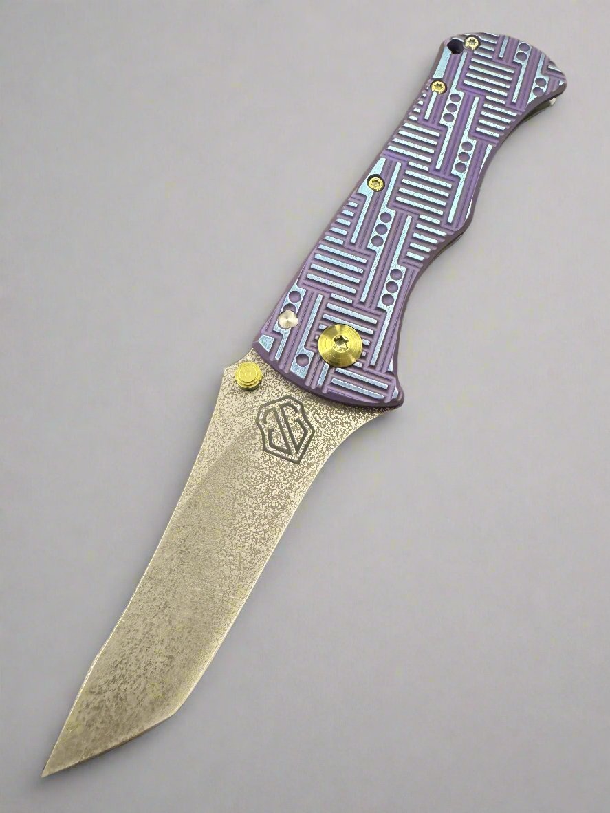 Pre Owned John Gray Rostrum, Black Rain Tanto Blade, Circuit Pattern Milled Titanium Purple Ano Mokuti Accents