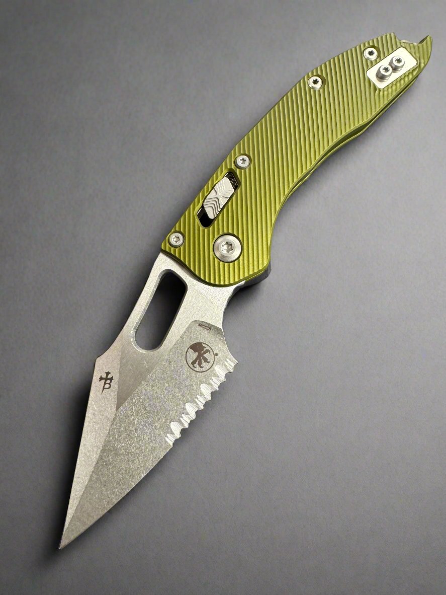 Microtech Knives Manual Stitch RAM LOK Fluted OD Green Aluminum & Partial Serrated M390MK Stonewash Standard 169RL-11 FLOD