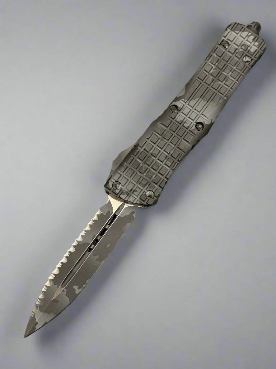 Microtech Combat Troodon Delta Frag Urban Camo Full Serrated 1/1 “F Off” Marfione Personal Collection