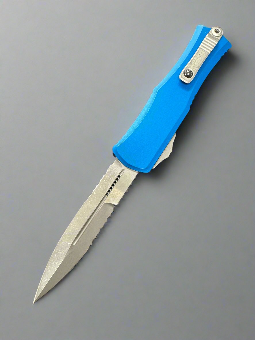 MICROTECH HERA MINI OTF AUTOMATIC KNIFE BLUE 3" BAYONET Apocalyptic SERRATED 1701M-11 APBL