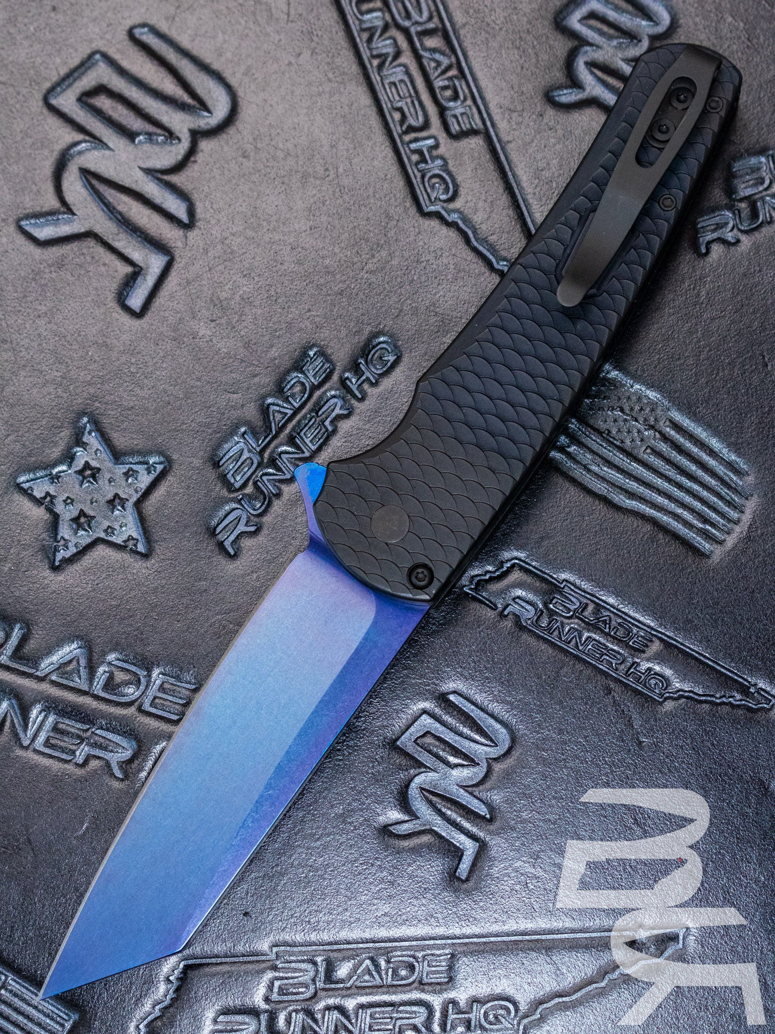 PROTECH MALIBU FLIPPER- REVERSE TANTO- BLACK DRAGON SCALE PATTERNED HANDLE- SAPPHIRE BLUE BLADE 5236-SB