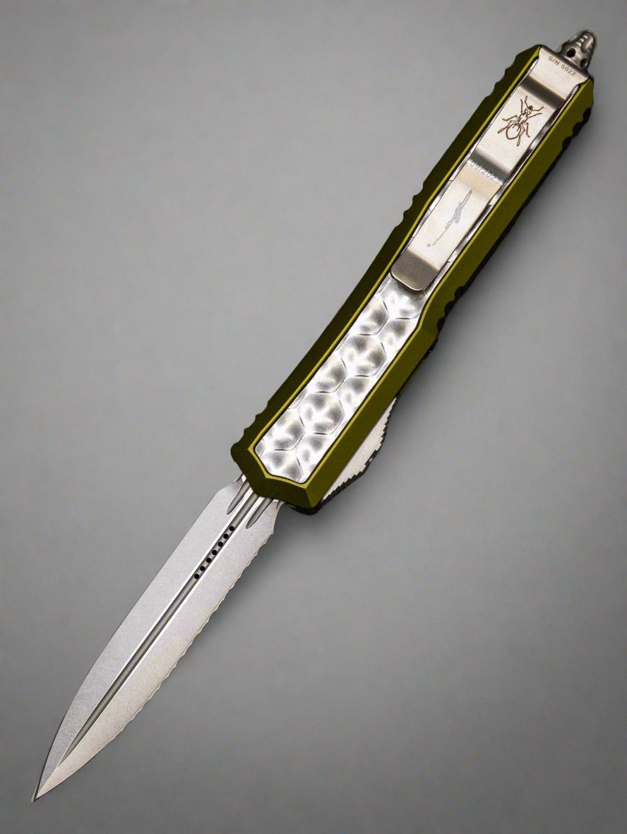 Microtech 206-12ODBIS Makora D/E Full Serrate - OD Green Handle - Bubble Inlay - Stonewashed Blade