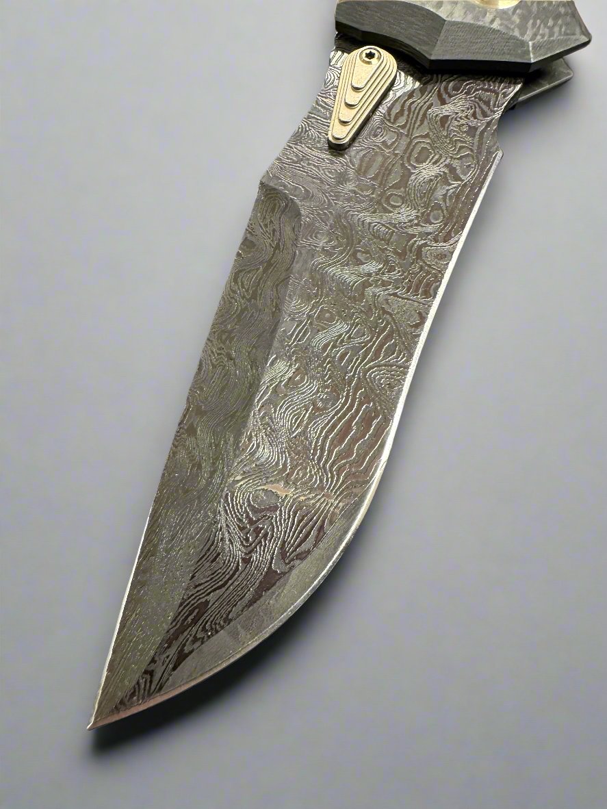 Marfione Custom Knives Amphibian RAM-LOK Pekka Tuominen Damascus w Bronze Two Tone Hardware & Carbon Fiber Handles Prototype 1/1