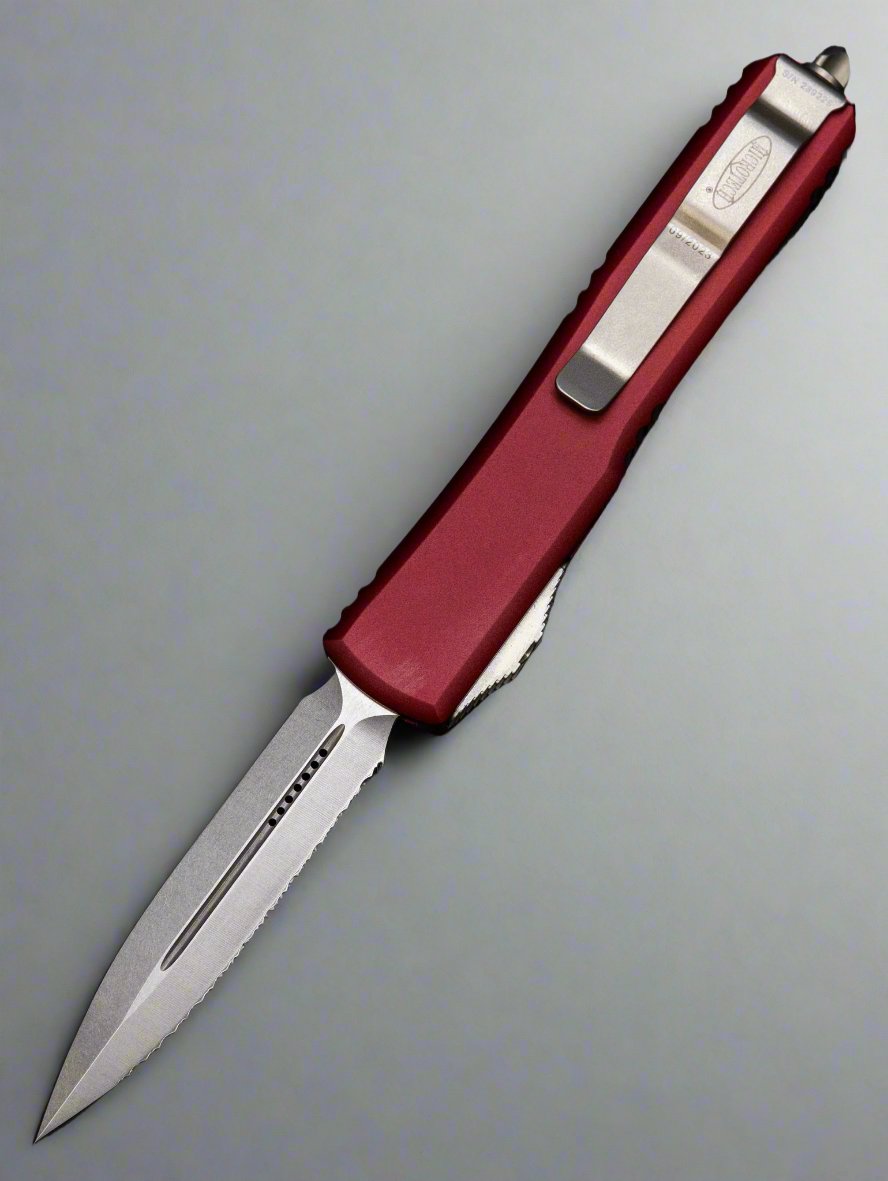 MICROTECH ULTRATECH OTF KNIFE- DOUBLE EDGE- MERLOT RED HANDLE WITH FULL SERRATED STONEWASH BLADE 122-12 MR