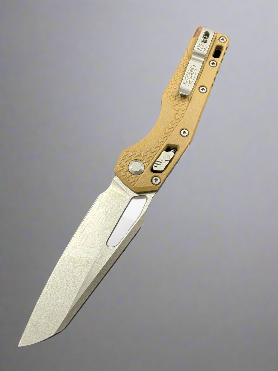 MICROTECH KNIVES- M.S.I. RAM-LOK FOLDER- FDE TRI-GRIP INJECTION MOLDED HANDLE- STONEWASH PLAIN EDGE BLADE 210T-10 PMDE