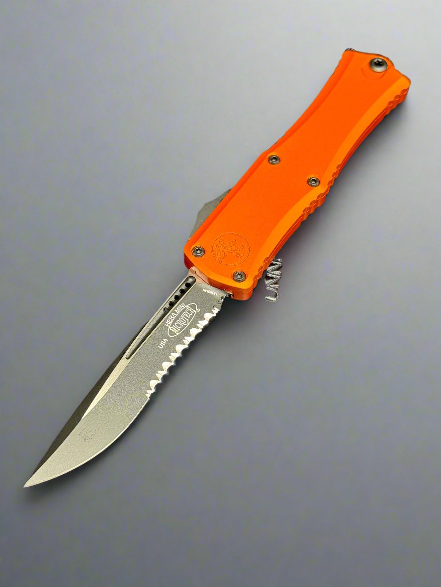 Microtech Knives Hera II Mini Black Partial Serrated Recurve M390MK w/ Orange Handle 1705M-2 OR