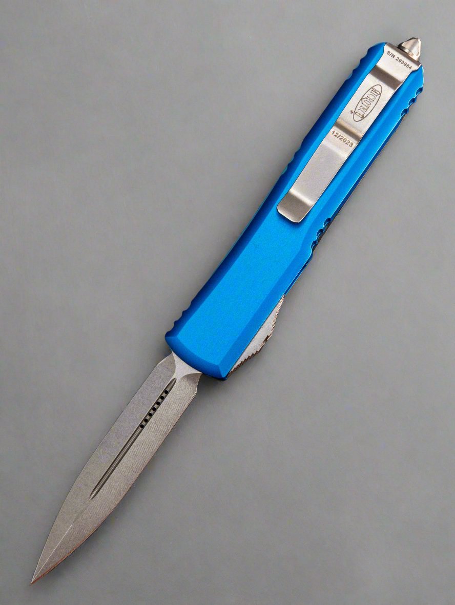 MICROTECH ULTRATECH OTF KNIFE- DOUBLE EDGE- BLUE HANDLE- STONEWASH PLAIN EDGE BLADE 122-10 BL